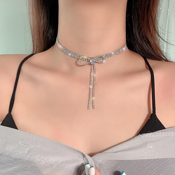 FYUAN Bowknot Crystal Choker Necklaces for Women2020 Long Tassel Rhinestone Necklaces Weddings Jewelry Party Gifts