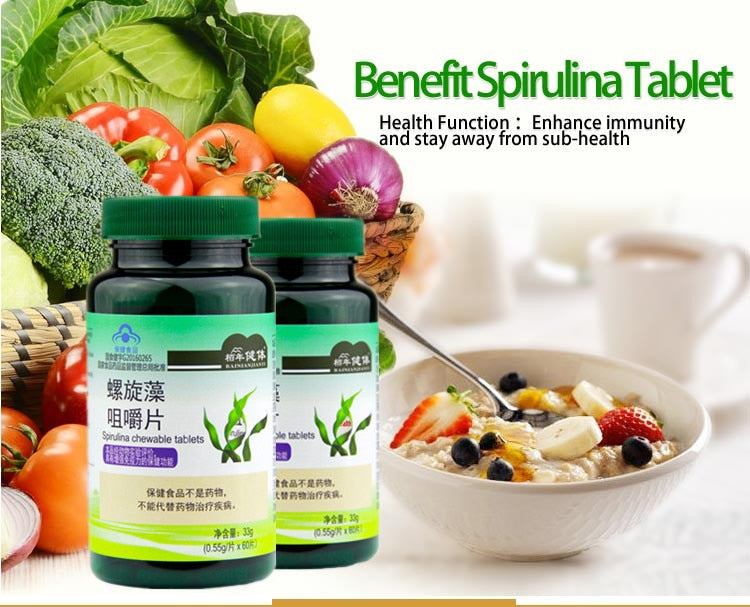 Spirulina Tablet Rich in Protein Multi Vitamins Wafers Algae Alga Spirulina Powder Anti-Fatigue Loss Weight Health Food 60 pills