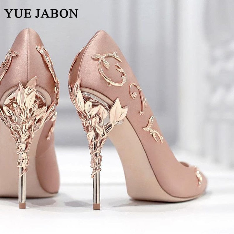 Elegant Silk Women Pumps Leaves Heel High Heels Rhinestone Flower Wedding Shoes Brand Design Pointed Toe shoes woman high heel