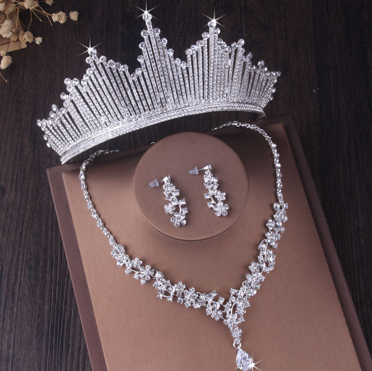 Luxury Silver Color Crystal Bridal Jewelry Set Wedding Cubic Zircon Crown Tiaras Earrings Necklace Set African Beads Jewelry Set