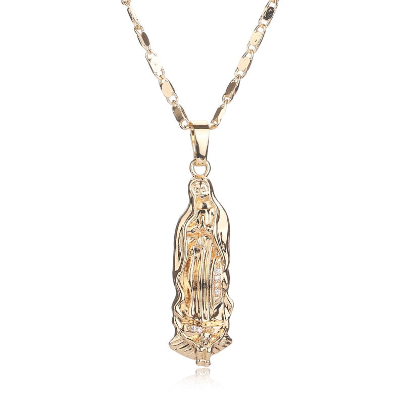 CWEEL Virgin Mary Necklace Gold Color Bijoux Imitation Crystal Statement Necklace Women Fashion Pendant Catholic Jewelry