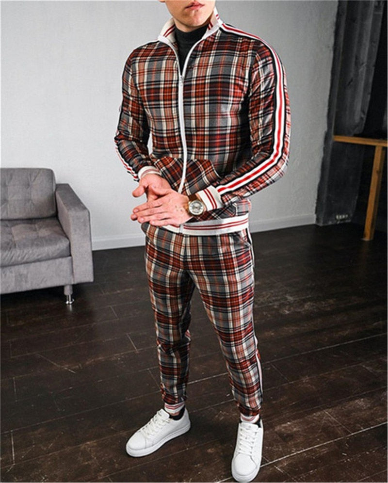 2022 Man Tracksuits Men's Sets 3D Print Sets Men Grid Two-piece Patchwork Zipper Tracksuits Small Leg Trouser Sweat Suits Sets