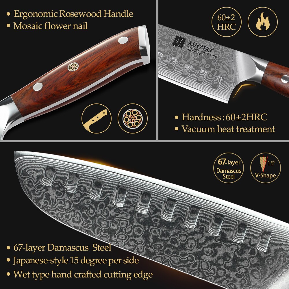 XINZUO 7'' inch Santoku Kitchen Knives 67 Layers Damascus Steel Chef Knife Rosewood Handle Dealing with Meat Fruit Vegetables