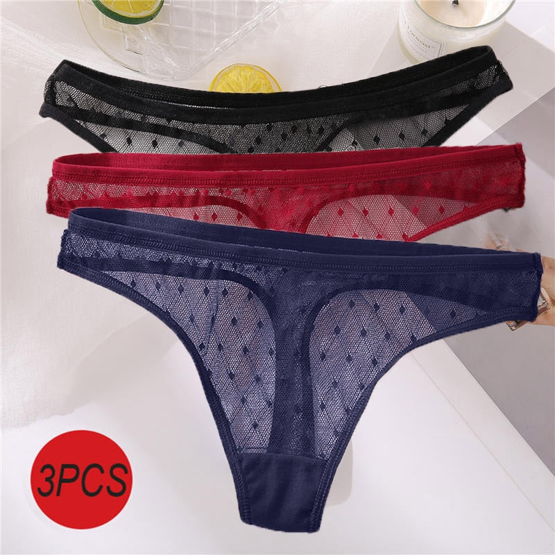 3PCS/Set Sexy Panties Women G-String Thong Lace Underwear Pantys Low-Waist Female Underpants Mesh Perspective Briefs Lingerie