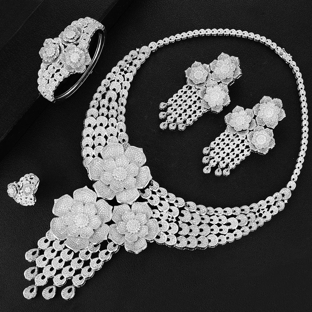 Tassel Drop Rose Flower Boom Full Micro Cubic Zirconia Women Wedding Dress Necklace Earring Jewelry Set