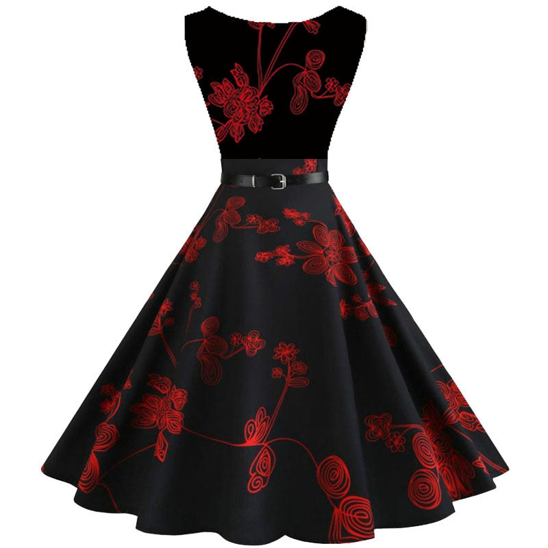 Summer Dress Women Sleeveless Floral Print Vintage Dress Casual Tank Retro 50s 60s Robe Rockabilly Chic Party Dresses Vestidos