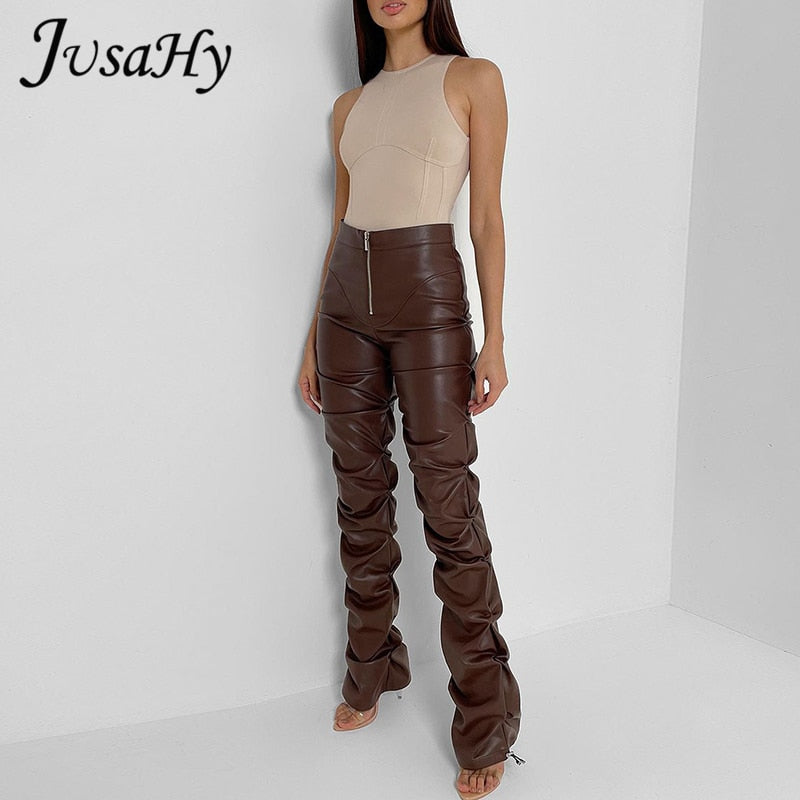 JusaHy Faux PU Leather Pleated High Waist Black Stacked Pant Women Slim Hipster Street Style Long Trousers Hot Sale Trend Female