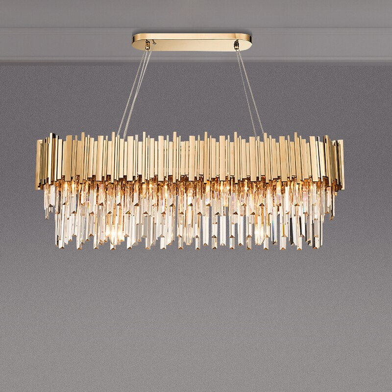 Luxury Plated Gold Metal Led Pendant Lights E14 Lustre K9 Crystal Luminarias Dining Room Straight Pendant Lamp Lighting Fixtures