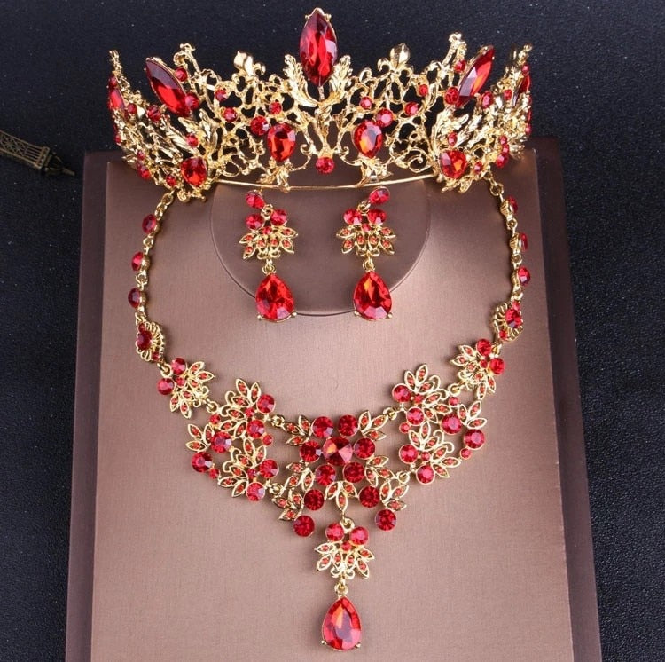 Baroque Vintage Gold Red Crystal Bridal Jewelry Sets Rhinestone Tiaras Crown Choker Necklace Earrings Set Wedding Accessories