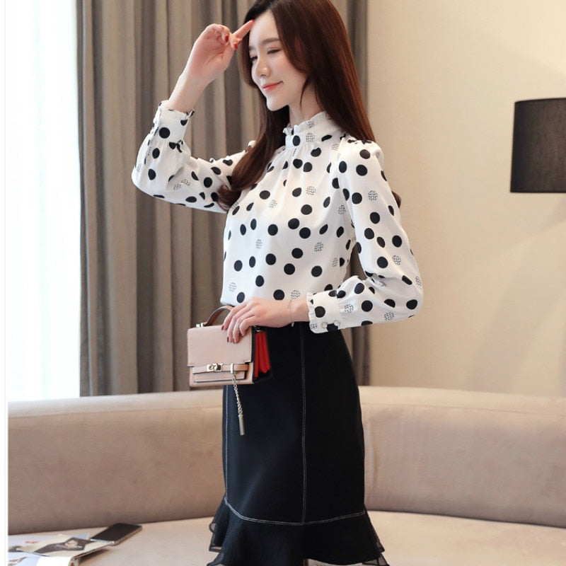 Plus size 2019 Autumn Fashion Women Chiffon Shirts Long Sleeve Polka Dot ruffless Women Blouses Casual Stand Collar Women Tops