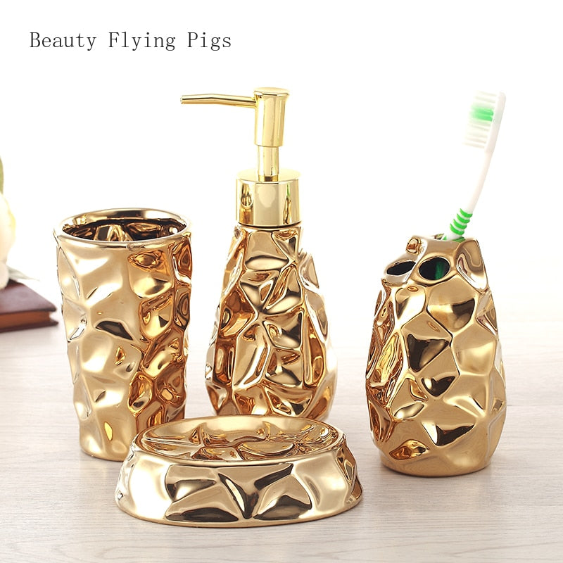 Ceramic bathroom set four-piece Gold tooth brush holder Soap Dispenser soap box bathroom decoration accessories Wedding gifts