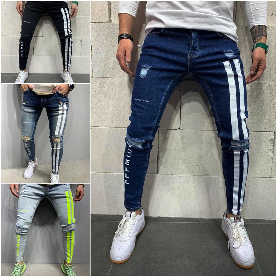 Letter printing Ripped Pencil Jeans Men Skinny Biker Side Striped Jeans Destroyed Hole Hip Hop Slim Fit Jean Men's Pant