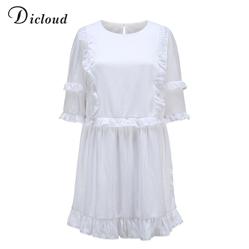 DICLOUD Casual Women White Mini Ruffle Summer Dress Women Short Sleeve Black Solid Loose Dress Beach Tunic Ladies Clothing