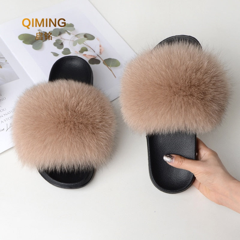 Women Summer Furry Fur Slippers Flat Non-slip Solid Real Fox Fur Slides Fluffy Slippers Ladies Shoes Woman Home Slipper