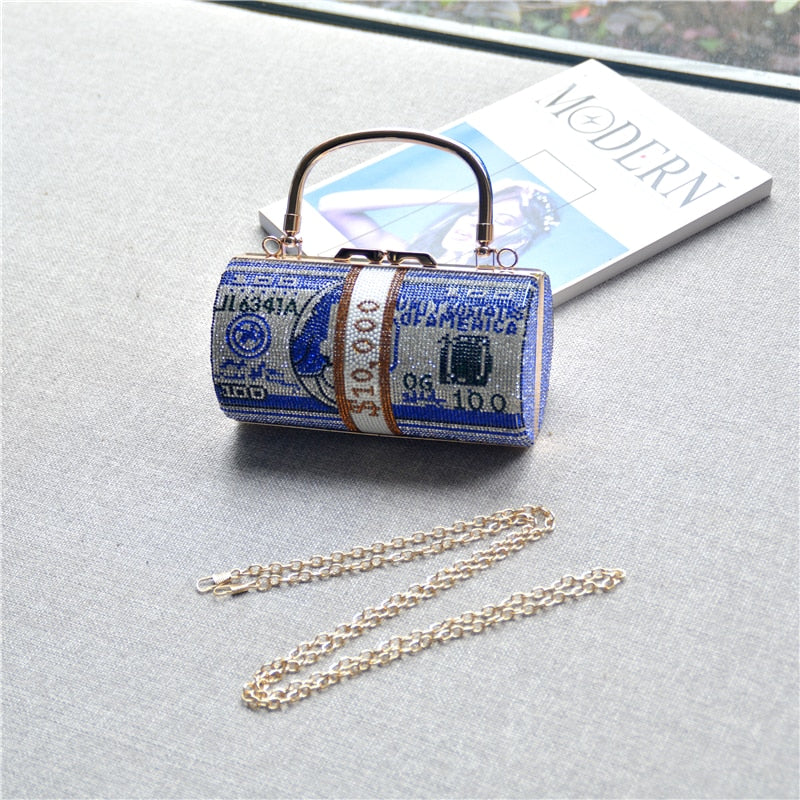 Money Clutch Rhinestone Purse 10000 Dollars Stack of Cash Evening Handbags Shoulder Wedding Dinner Bag 8 Color