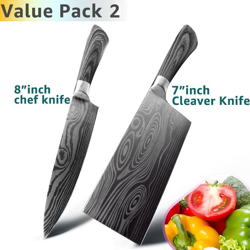 Kitchen Knife 5 7 8 Inch 1-3Pcs Set Stainless Steel Chef Santoku Imitated Damascus Pattern Cleaver Meat Vegetable Cooking Tool