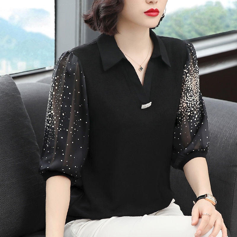 Women Spring Summer Style Chiffon Blouses Shirts Lady Casual Turn-down Collar Patchwork Chiffon Blusas Tops DF3799