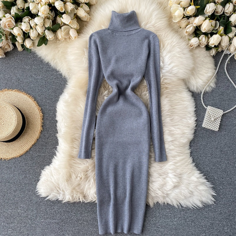 Dresses for Women 2022 Sexy Turtleneck Knitted Bodycon Dress Women Autumn Winter Long Sleeve Sweater Dress