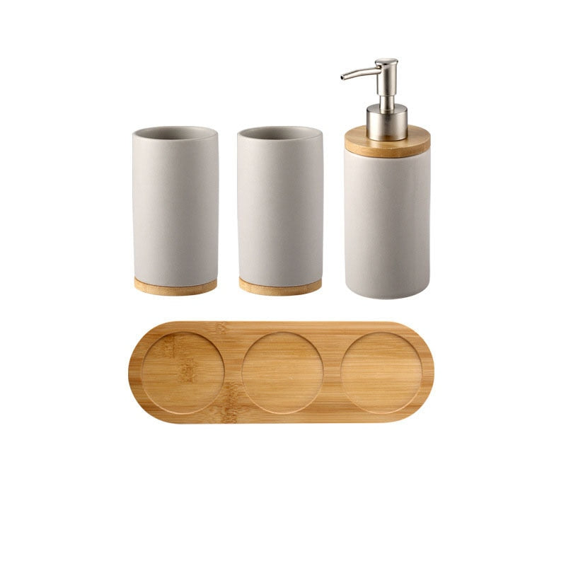 Ceramic Bamboo toothbrush holder cup Bathroom accessories set Tumblers Bathroom Emulsion Container Dishwashing Liquid Container