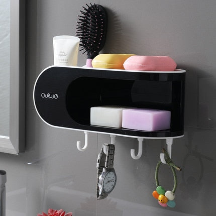 GESEW Drainer Soap Dish For Bathroom Multifunction Soap Holder With Hooks Organizer Punch-free Storage Box Bathroom Accessories