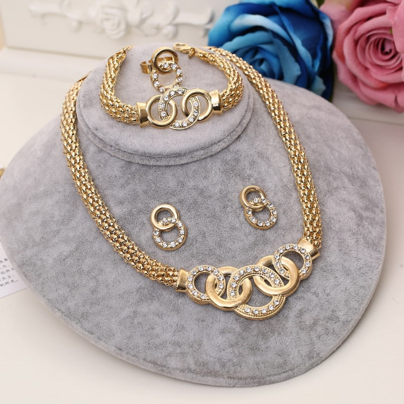 Amazing Price Wedding Gold Plate Jewelry Sets For Women Pendant Statement African Beads Crystal Necklace Earrings Bracelet Rings