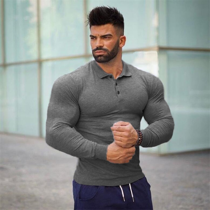 Brand Polo-Shirts Long Sleeve Male Cotton Solid Fitness Mens Slim Fit Fashion Autumn Breathable Polo Shirt plus size