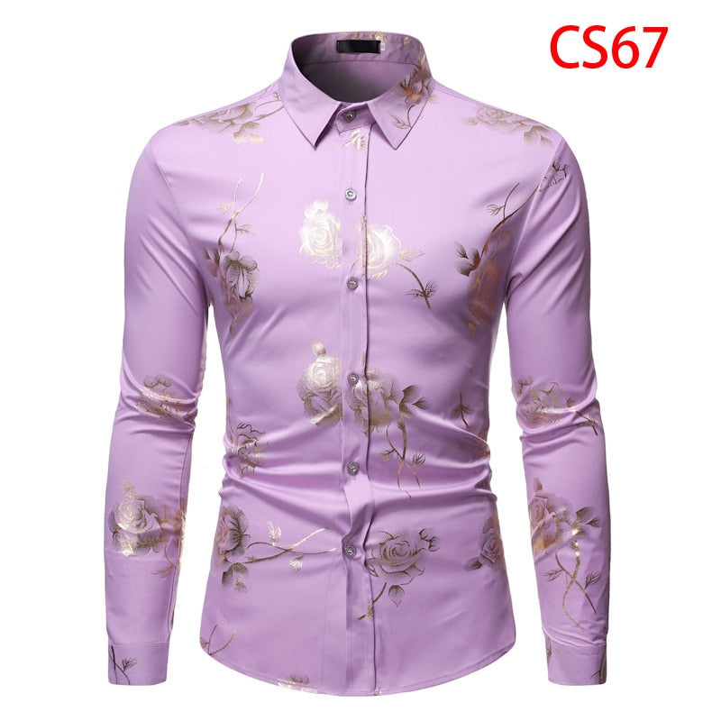 Mens Gold Rose Floral Print Shirts 2019 Brand Floral Steampunk Chemise White Long Sleeve Wedding Party Bronzing Camisa Masculina