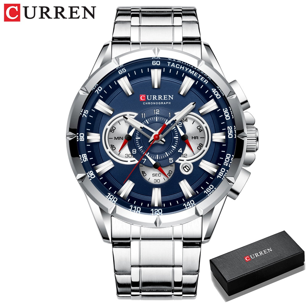 CURREN Luxury Casual Mens Watches Quartz Sports Chronograph Wristwatch Male Stainless Steel Luminous hands Clock