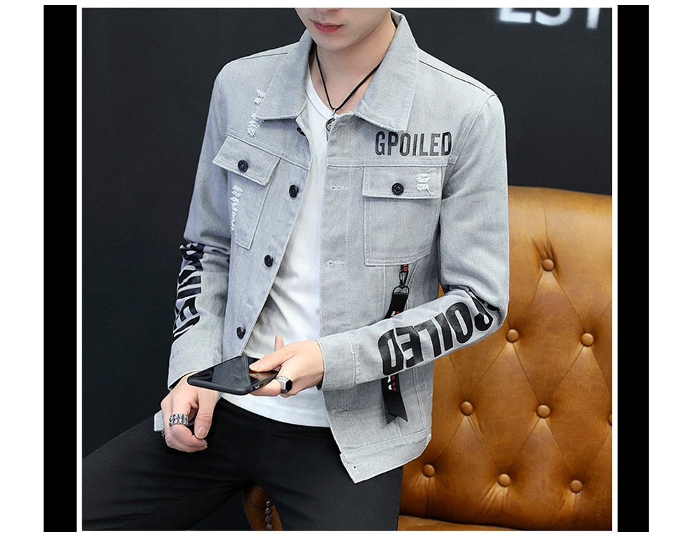 DIMUSI Men's Denim Jackets Fashion Male Nightclub Hip Hop Denim Coats Men Ripped Slim Outwear Cowboy Jean Jackets Clothing