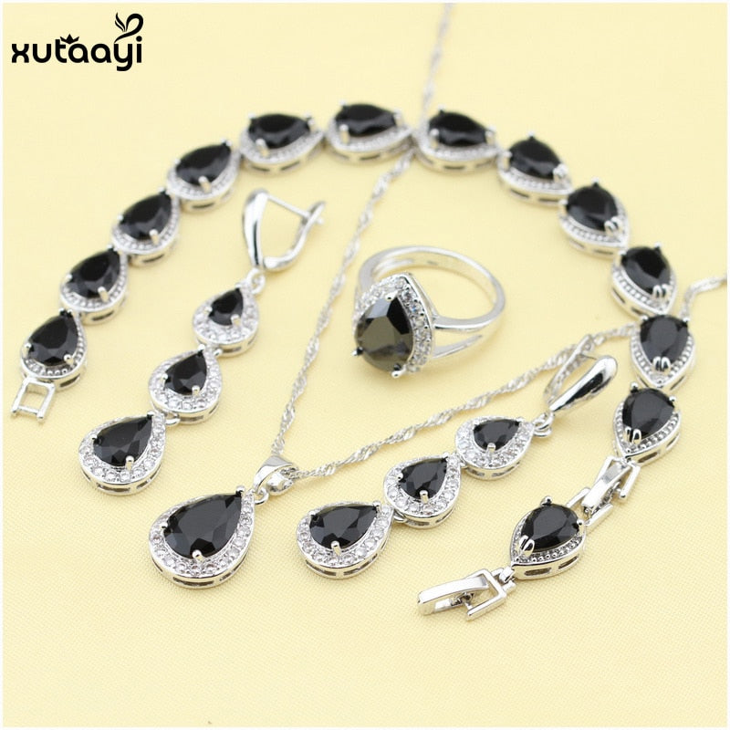 XUTAAYI Top Quality Silver Jewelry Sets Blue Created Sapphired Flawless Necklace/Rings/Earrings/Bracelet For women