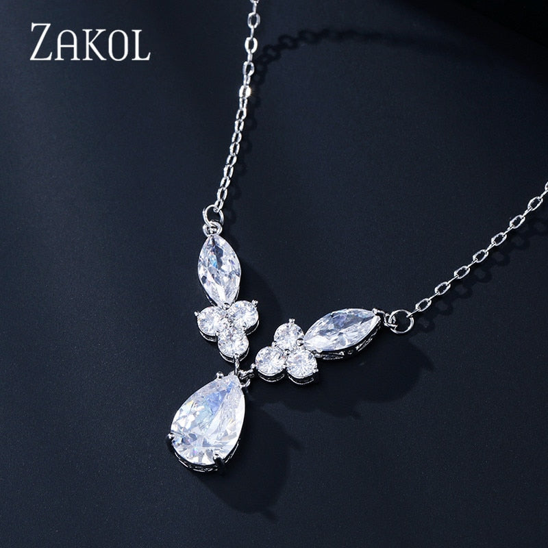 ZAKOL Brand Design Unique Water Drop Zirconia Crystal Pendant Necklaces for Elegant Women Fashion Bridal Jewelry FSNP2110