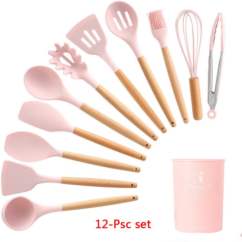 Silicone Cooking Utensils 11/12/13Pcs Kitchen Utensil Set Non-stick Spatula Wooden Handle with Storage Box Kitchen Appliances