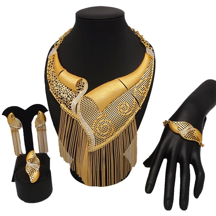 Fashion Gold Color Jewelry Sets African Bridal Big Jewelry sets Women Necklace Bracelet Earings Ring Wedding Gifts