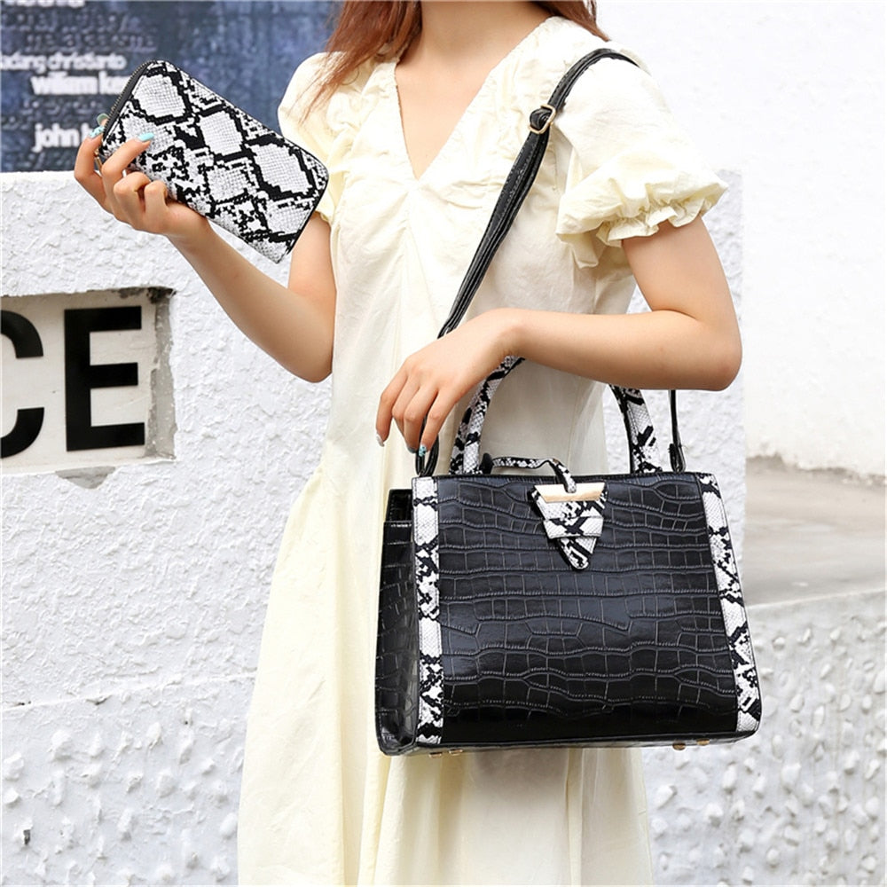 Sequined Belt Buckle Serpentine Splice Handbags for Women High Quality Pu Leather Composite Bag Travel Shoulder Crossbody Bag