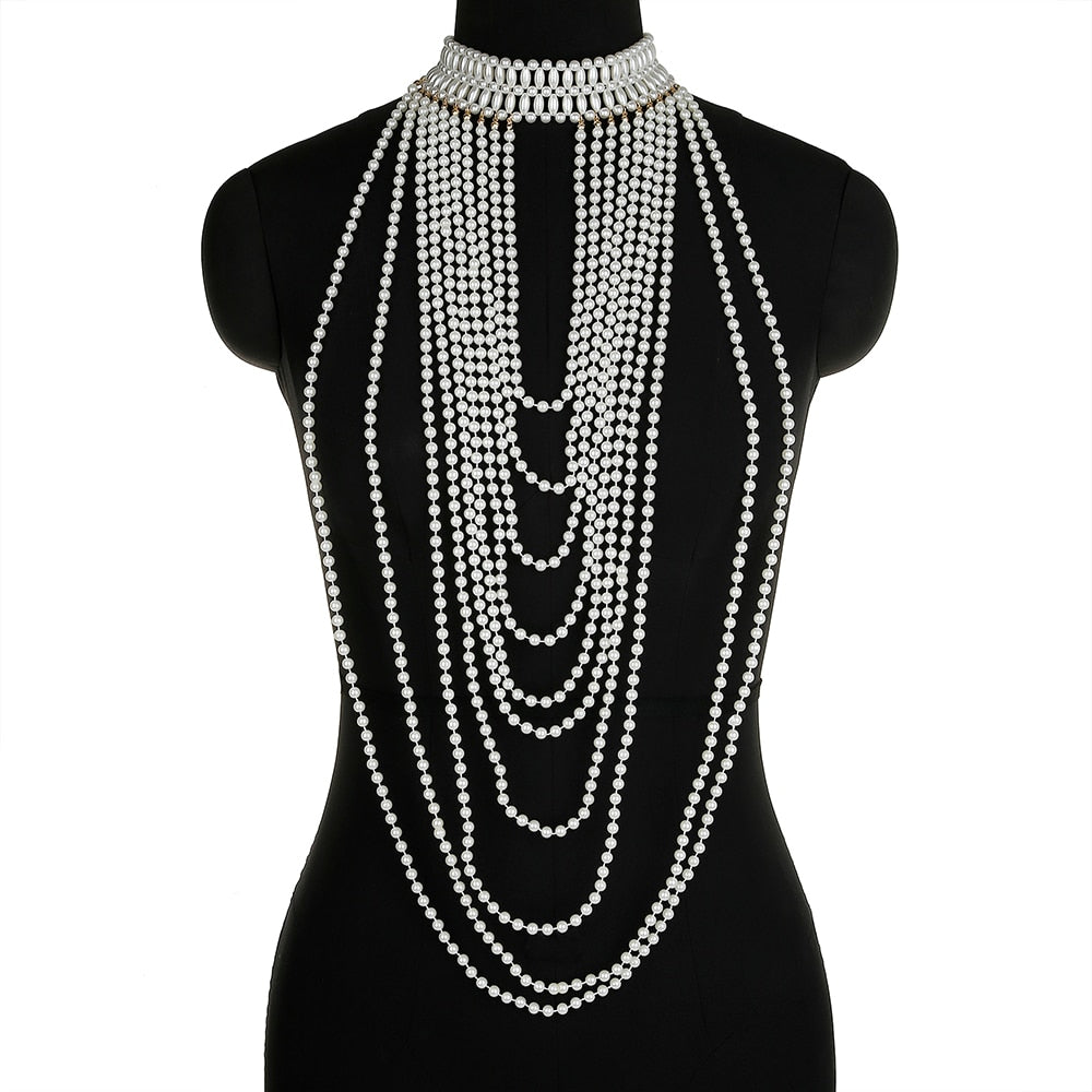 Women Pearl Shawl Necklaces Body Chain Sexy Beaded Collar Shoulder Pearl Bra Top Sweater Chain Wedding Dress Body Jewelry