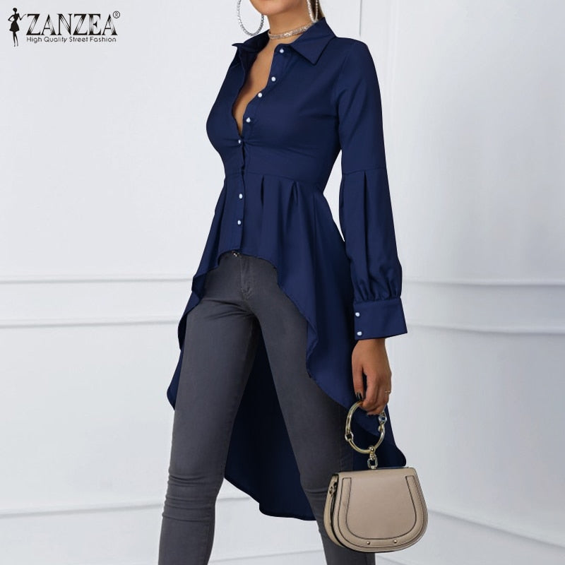 Fashion Asymmetrical Tops Women's Spring Shirts ZANZEA 2021 Casual Lantern Sleeve Shirt Female Button Lapel Blusas Plus Size 5XL