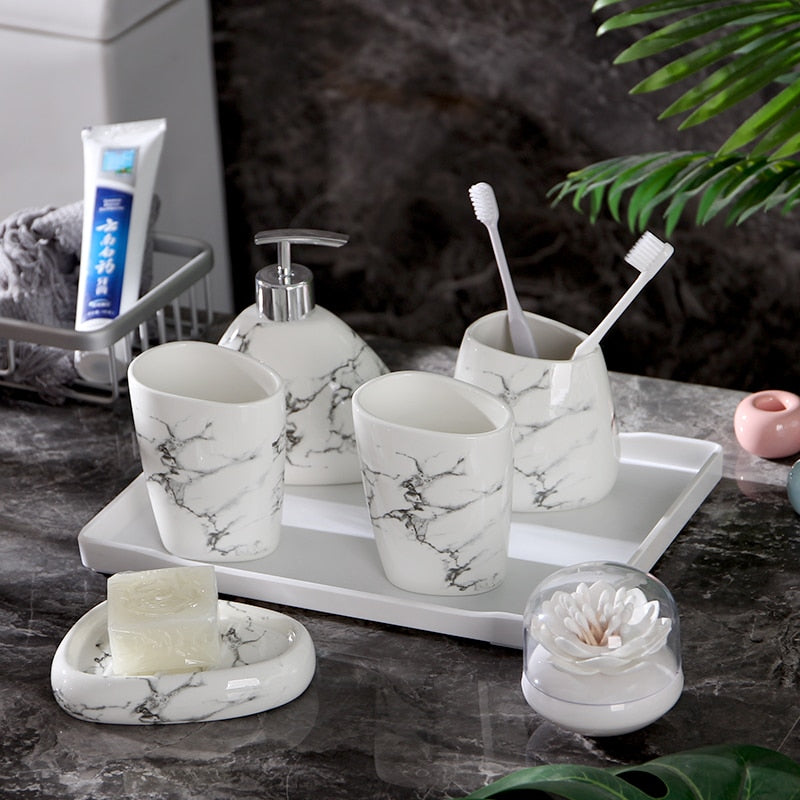 Wedding Gift Nordic Marble Texture Ceramic Bathroom Accessories Set/Soap Dispenser/Toothbrush Holder/Melamine Tray