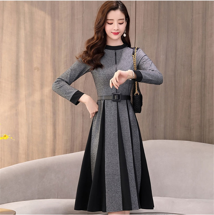 Casual Little Plaid Spliced Hem Pleated A-Line Dresses Women Fall Vintage Belted Long Sleeve Dress Elegant Knee-Length Vestidos