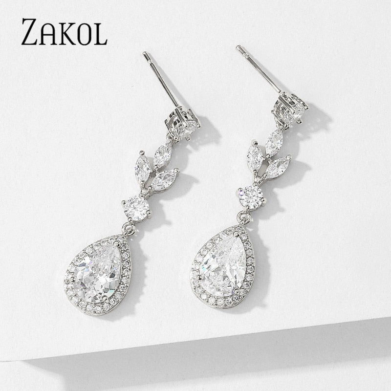 ZAKOL Fashion AAA Cubic Zircon Drop Earrings for Women White Color Leaf Wedding Jewelry Factory Wholesale FSEP4004