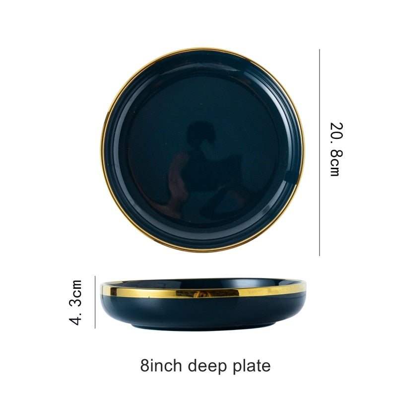 Blue Porcelain Dinner Plates Dishes Luxury Gold Inlay Ceramic Cake Food Plate Bowl Tableware Plate Sets Dish for Restaurant