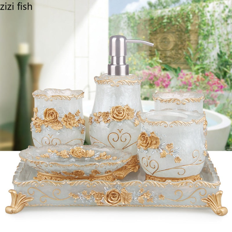 European Resin Household Bathroom Set Soap Dispenser Tooth Brush Holder Cup Soap Dish Tray Toilet Brush Wastebin Storage Set