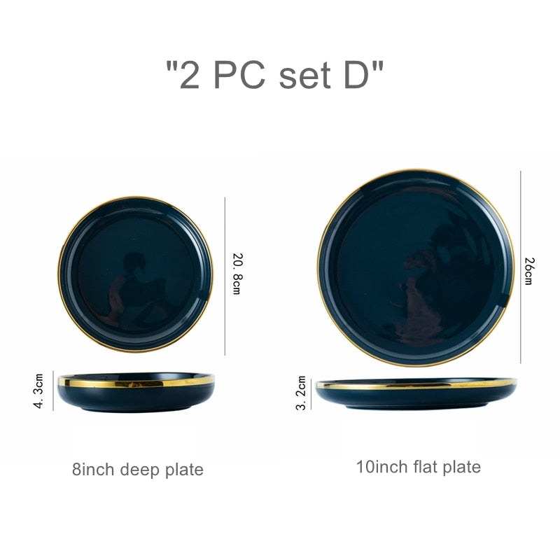 Blue Porcelain Dinner Plates Dishes Luxury Gold Inlay Ceramic Cake Food Plate Bowl Tableware Plate Sets Dish for Restaurant