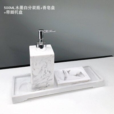 Luxury Resin Bathroom Accessories Set Tray 5pcs Set Nordic White Marble Texture Resin Bathroom Kit Soap Dispenser Storage Tray