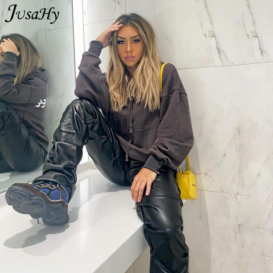 JusaHy Faux PU Leather Pleated High Waist Black Stacked Pant Women Slim Hipster Street Style Long Trousers Hot Sale Trend Female