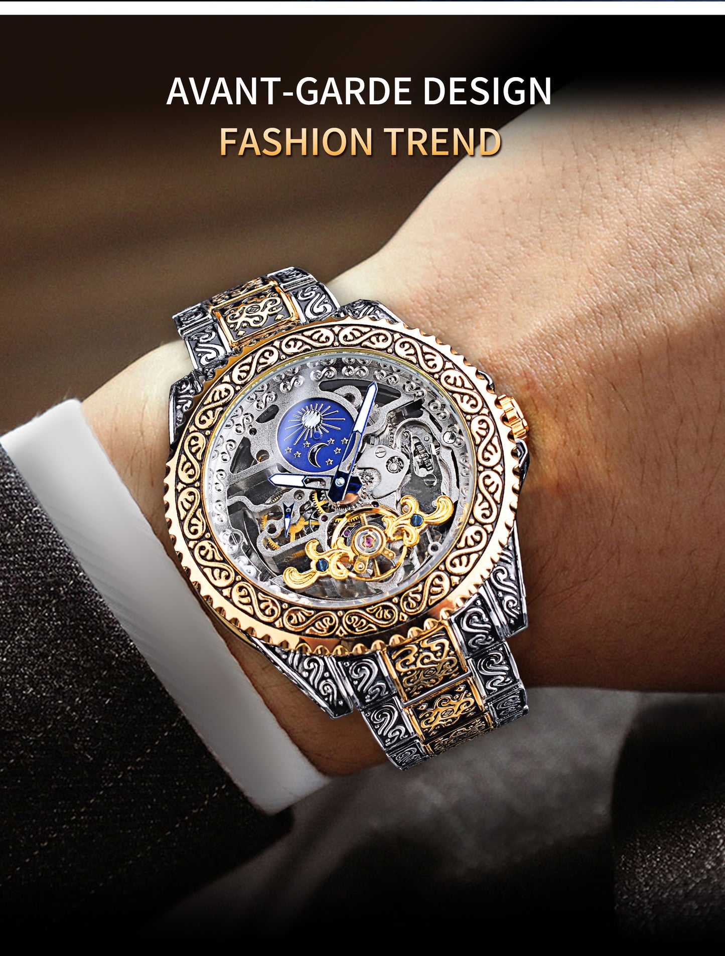 Forsining Mechanical Watch Men Tourbillon Automatic Wristwatch Luxury Hollow Waterproof New Mens Fashion Watches With Moon Pash