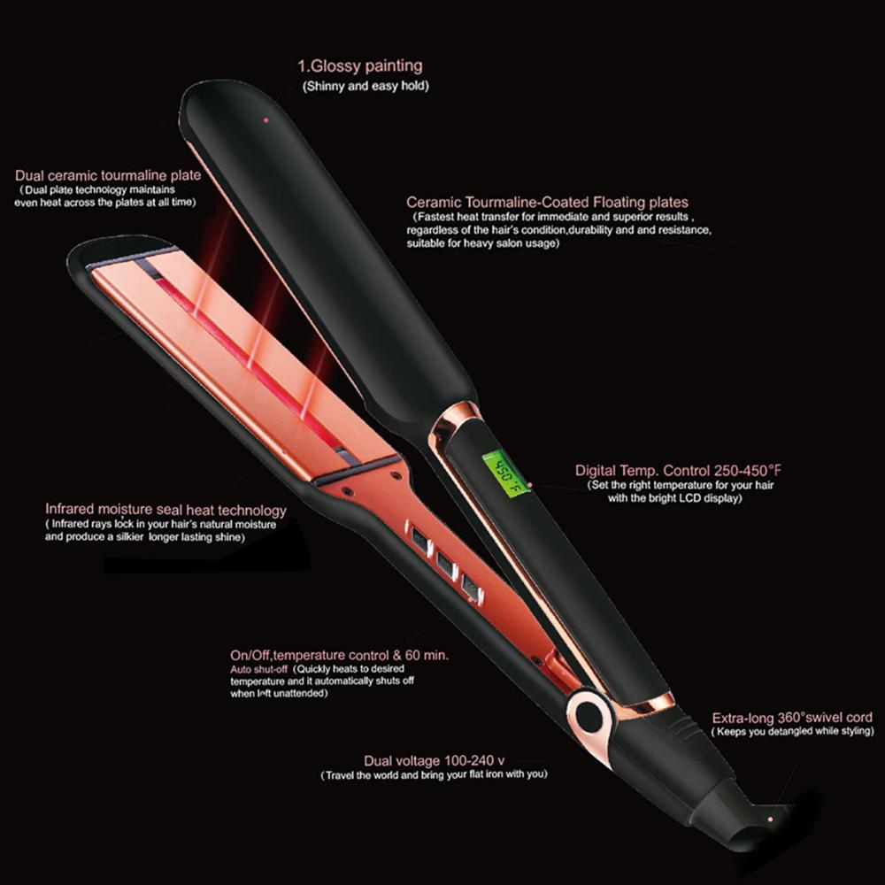 Infrared Hair Flat Iron Professional Ceramic Tourmaline 2 inch Wide Hair Straightener with LCD Display Adjustable Temperature