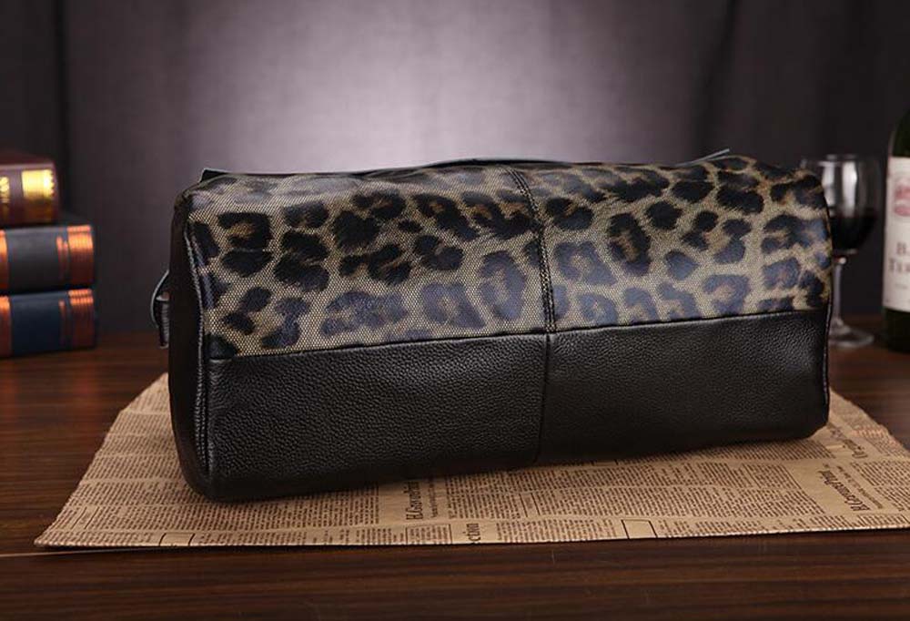 Fashion Genuine Leather Big Tote Handbags Leopard Pattern Soft Cowhide Travel Tote Ladies Long Strap Shoulder Weekend Bags