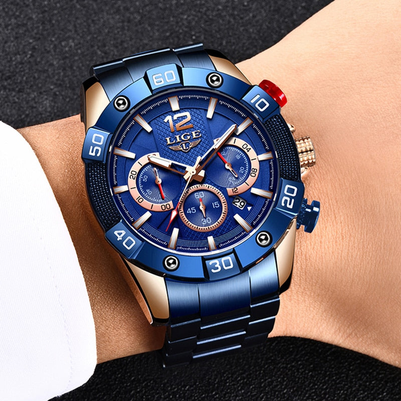 LIGE 2021 New Fashion Blue Mens Watches Top Brand Luxury Clock Sports Chronograph Waterproof Quartz Watch Men Relogio Masculino