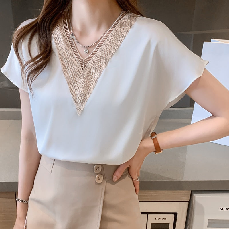 2021 Casual Chiffon Blouse White Summer Women Shirts Office V Neck Solid Color Fashion Women's Clothing Blusas Mujer 15200