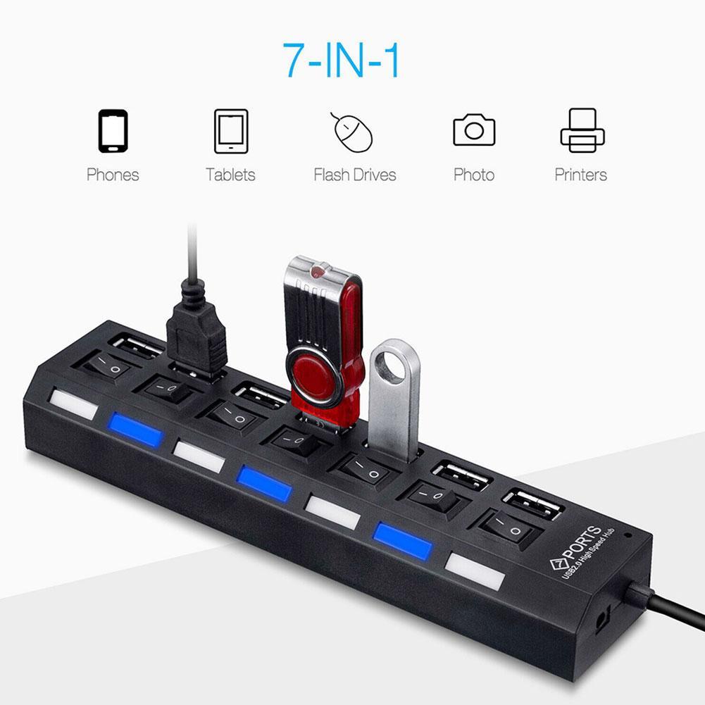 USB Hub 7 Port USB 2.0 Hub Splitter With ON/OFF Switch USB Hab High 5Gbps Multi Computer Accessories For PC Speed W1P8